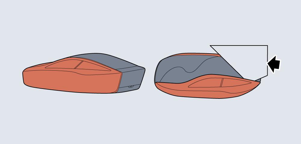 Diagram showing: Side cover removal: Using a hard card, such as a bank card, insert the corner of the card into the gap between the side cover and key body (as indicated by the arrow).Twist or tilt the card to release the side covers.