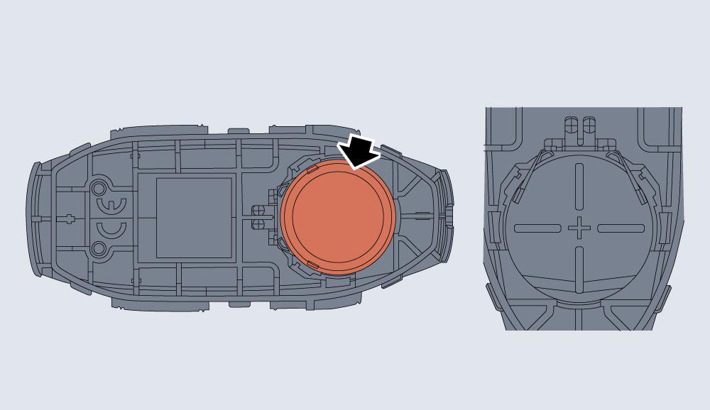Diagram showing: Place a new battery in the slot and make sure it is in correct and full contact with the battery cover.