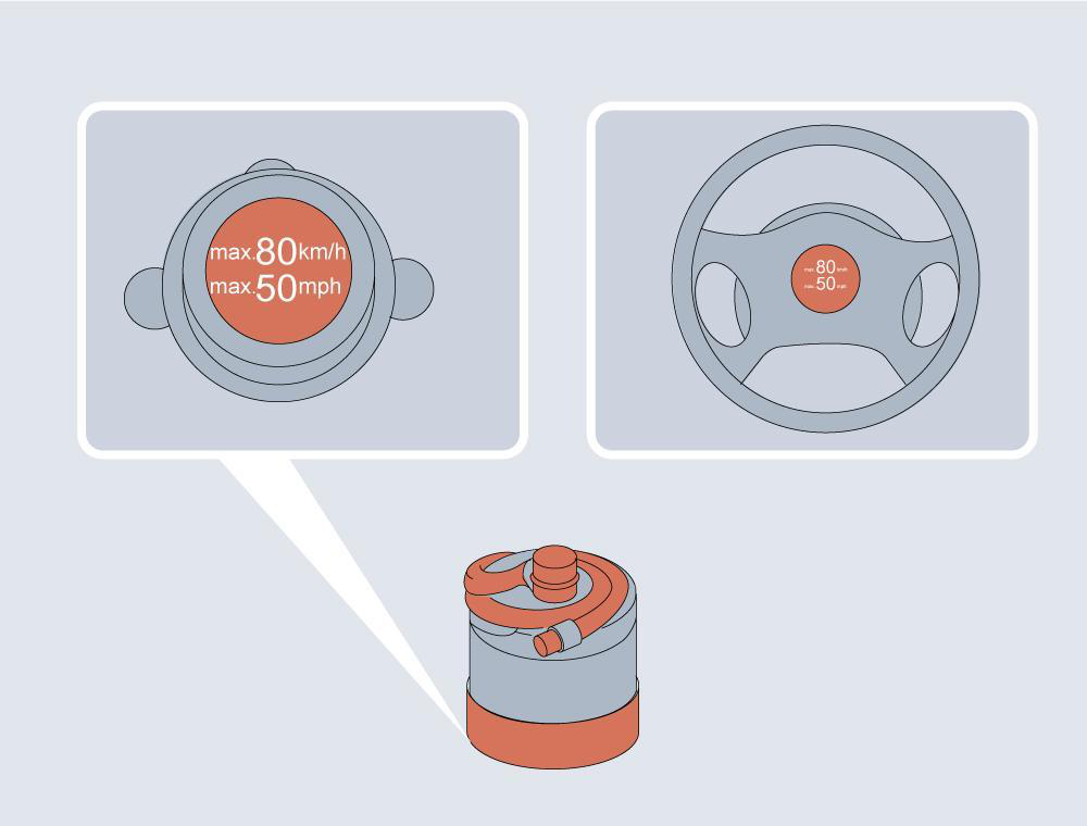 Diagram showing: Remove   the   label   from   the   bottom   of   the   repair   liquid   bottle   and   affix   it   to   the   car's   steering   wheel   as   a   reminder   to   the driver not to exceed a speed of 50 mph (80 km/h) while driving.