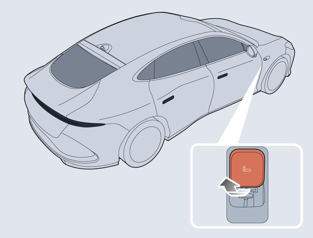Diagram showing: Pull the bonnet opening handle inside the vehicle twice consecutively to unlock the bonnet.